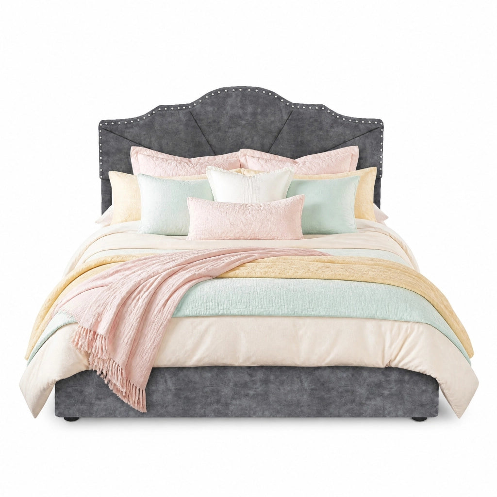 Letto imbottito 140x200 cm con rete a doghe; tessuto grigio e struttura in metallo