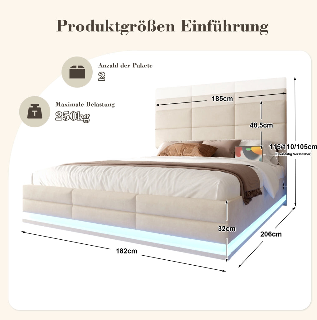 Letto 180x200 cm con contenitore idraulico, LED, USB e velluto beige