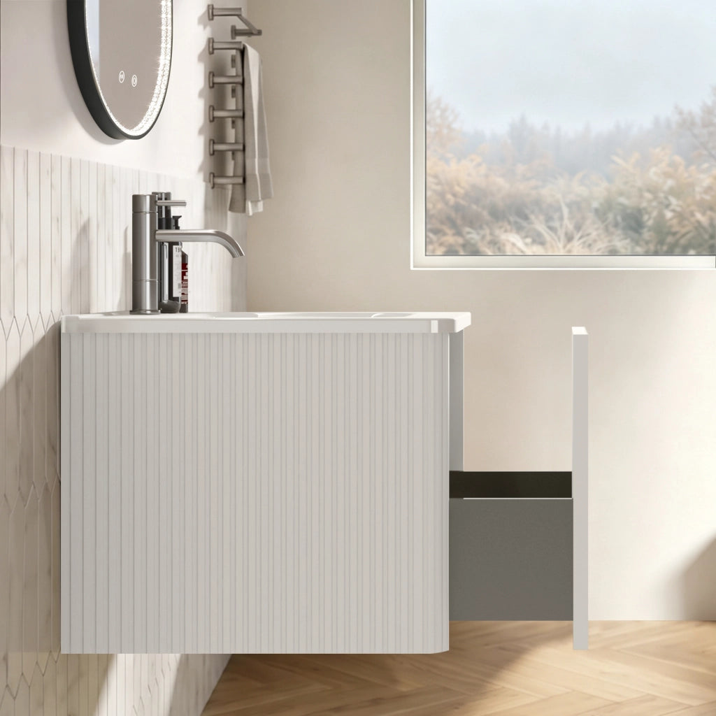Mobile bagno con specchio LED; lavabo integrato e 1 cassetto; sospeso con antiappannamento; per bagno; bianco