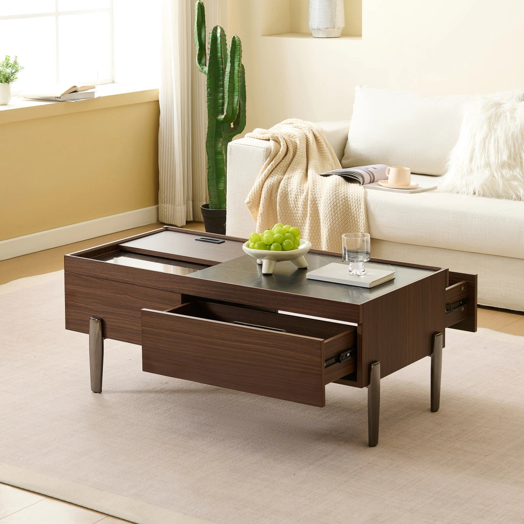 Tavolino da Caffè con 2 Cassetti; Piano Scorrevole e Piano in Vetro; Stile Industriale; in MDF; 105×50×41;5 cm; Marrone