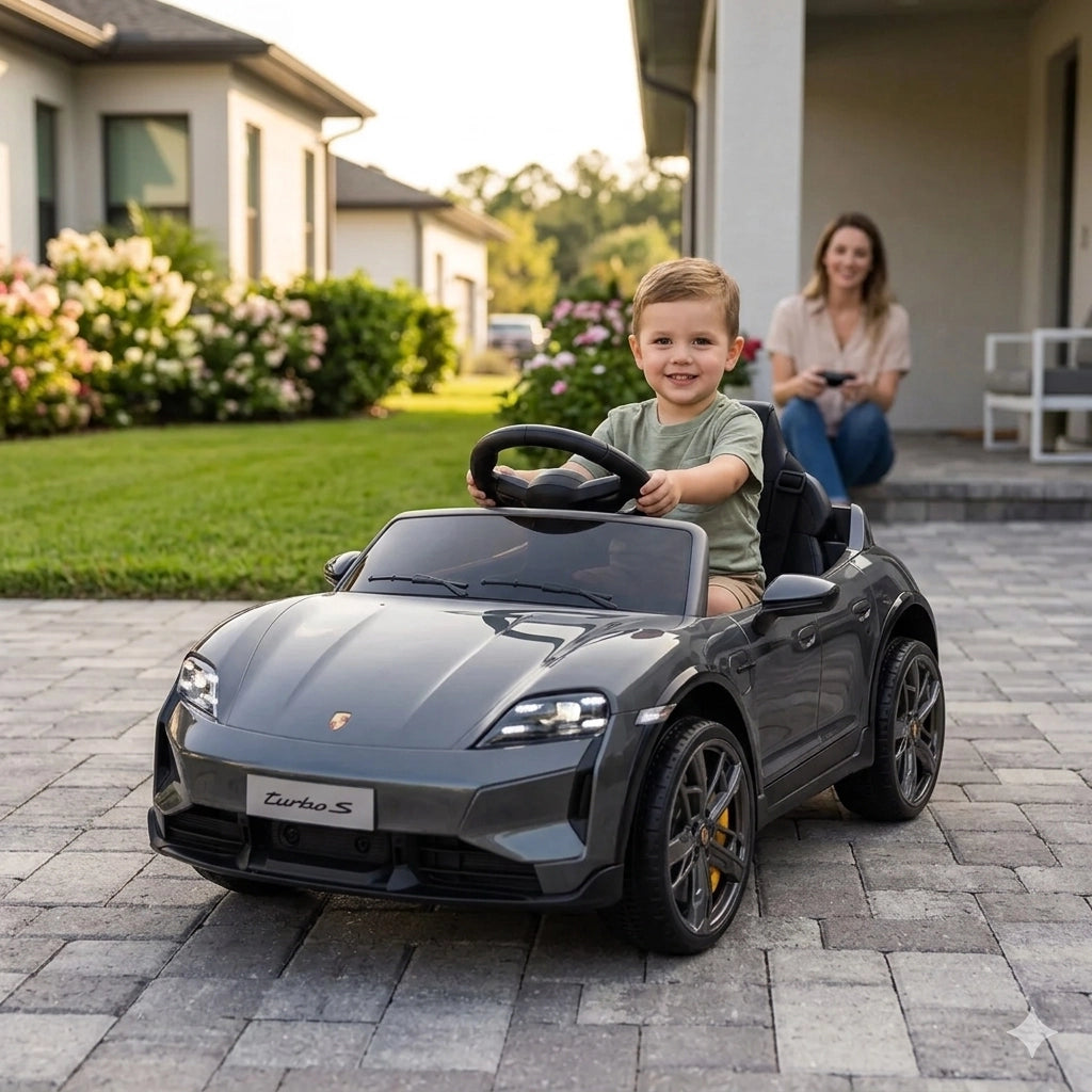 Macchina Elettrica per Bambini Porsche Taycan Turbo S 12V con Telecomando Bluetooth Luci LED e Tappetini Nero