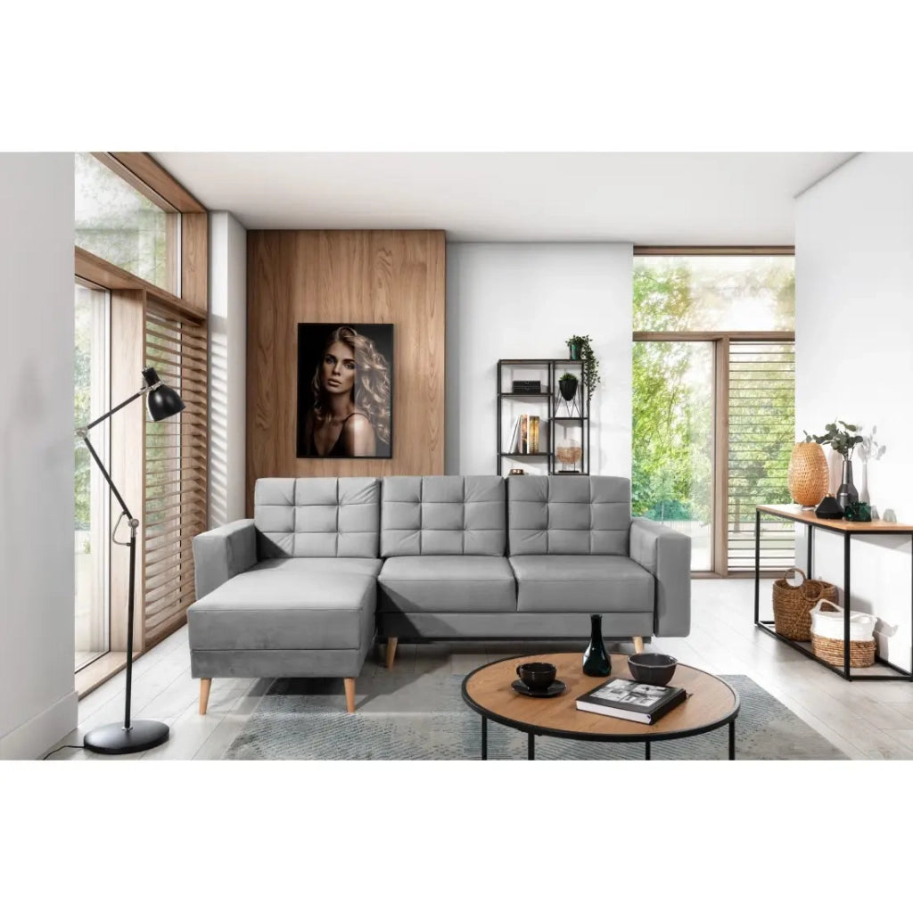 Divano ad angolo convertibile HASGARD 3 posti grigio 248x162 cm - con vano contenitore e piedi in legno