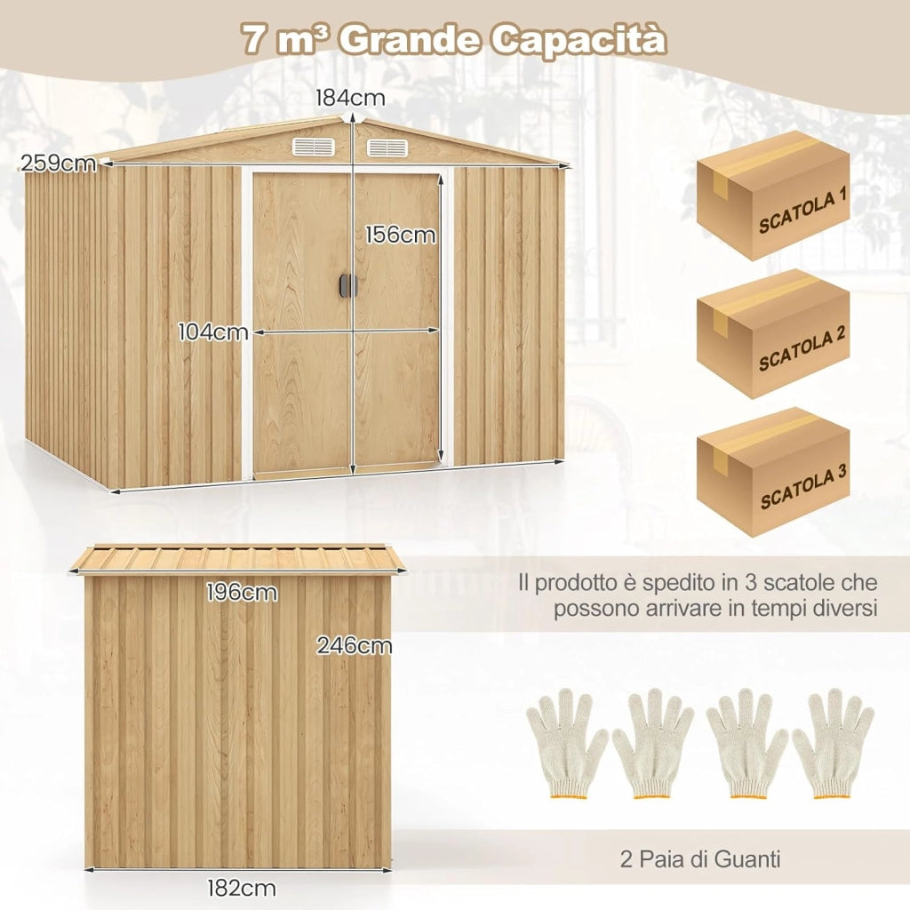 Casetta da Esterno, Capanno Porta Attrezzi con Porte Scorrevoli, Maniglie, Sfoghi e Tettoia, Casetta da Giardino in Lamiera di Acciaio e Lamiera Zincata (259 x 196 x 184 cm)