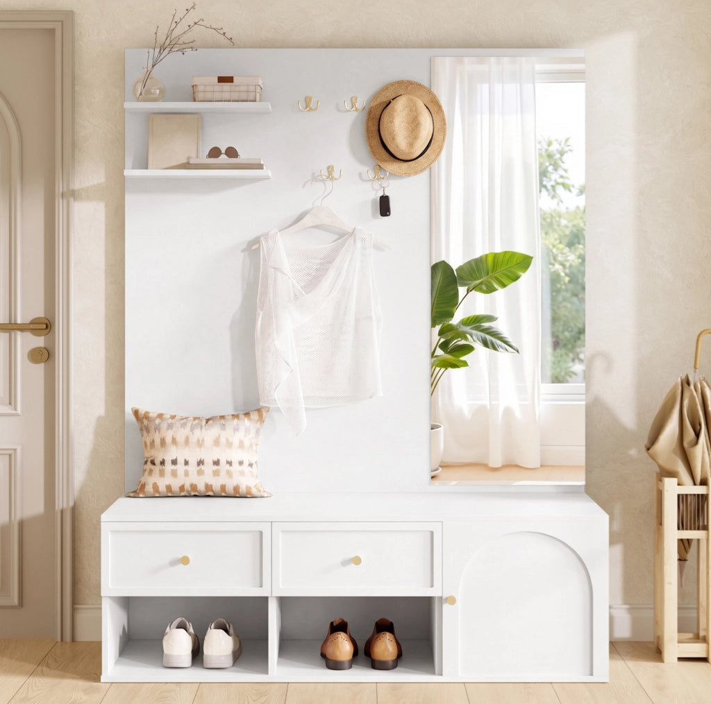Set guardaroba 120.0x35.0x159.0 cm con specchio e 5 ganci in truciolato bianco