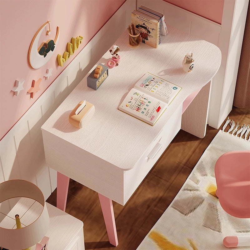 Moderna scrivania per bambini da 90 cm, bianca e rosa, con 2 cassetti e un ripiano