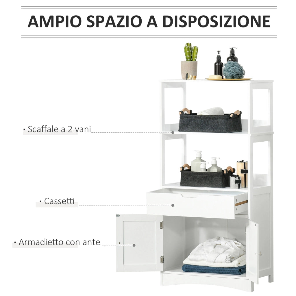EasyComfort Mobile Bagno con Mensole, Armadietto e Cassetto, Mobiletto da Bagno Multiuso in Legno, Bianco, 60x33x122.5cm