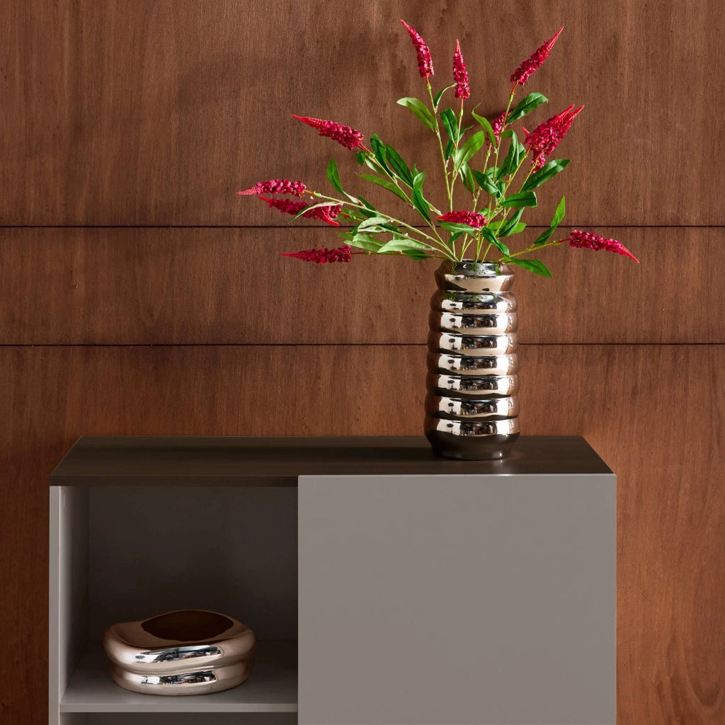 Credenza in metallo e decorazione in legno 1 anta, 80cm, grigio