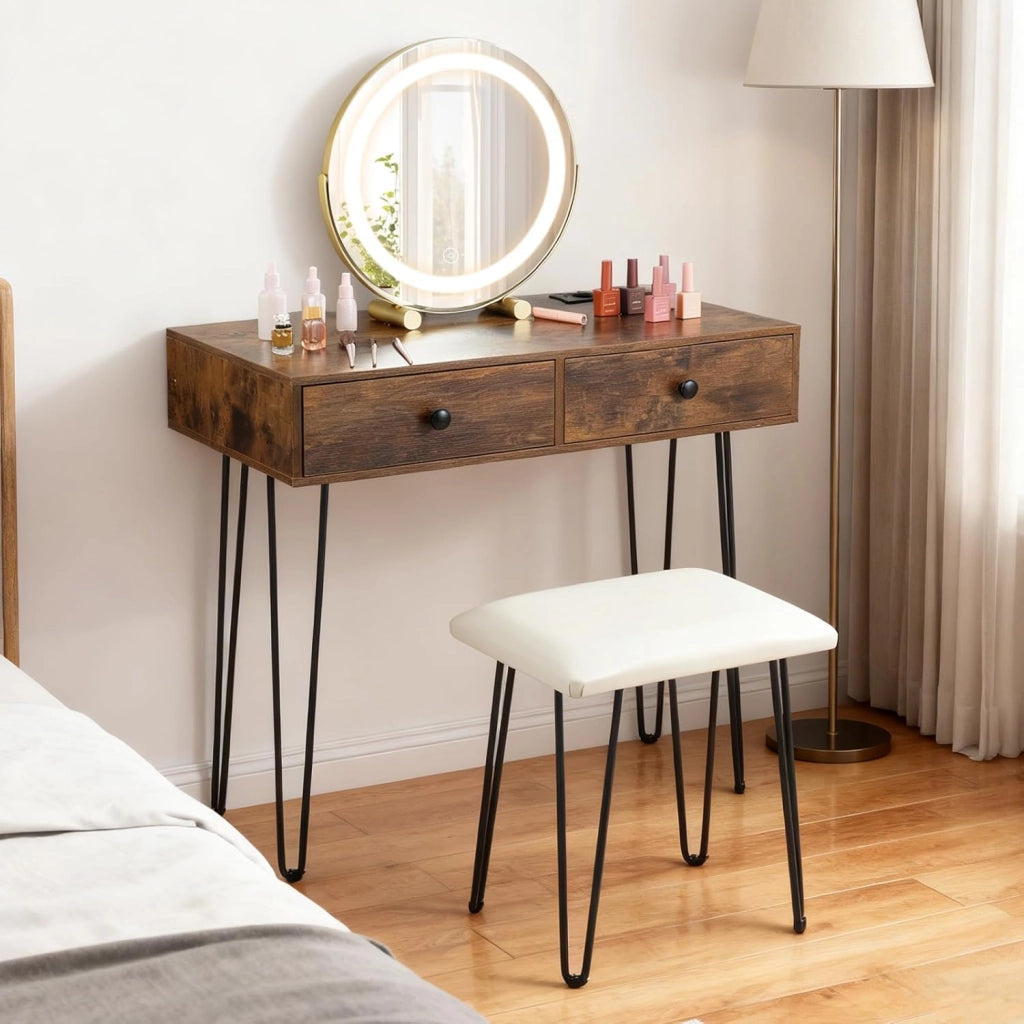 Tavolo da trucco con specchio girevole e luci, tavolo da trucco con sgabello imbottito, stazione di ricarica, 3 colori di illuminazione, luminosità regolabile, 2 cassetti, gambe in metallo per