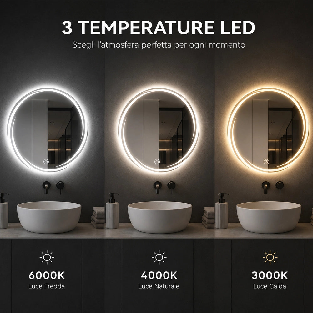Specchio Tondo Spirale Diametro 60cm Led a 3 Colori Dimmerabile Accensione Touch