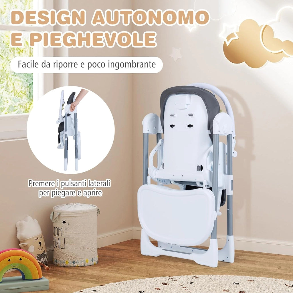 Seggiolone Pappa Portatile, con Altezza Regolabile, Schienale Reclinabile e Vassoio Rimovibile, Seggiolone Evolutivo Pieghevole con Cintura e 2 Ruote, per Bambini 6-36 Mesi (Grigio Scuro)