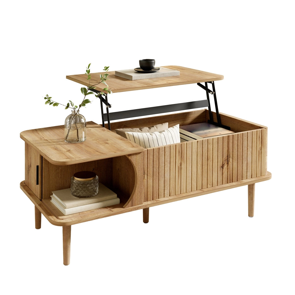 Tavolino da salotto - Tavolino d'appoggio - Piano allungabile - Mobile multifunzione per soggiorno - Vani contenitori nascosti - Con anta scorrevole - Gambe in legno - Colore legno naturale