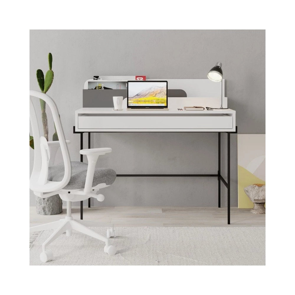 Scrivania bianco con dettagli antracite e gambe nere Leila 110x60x101