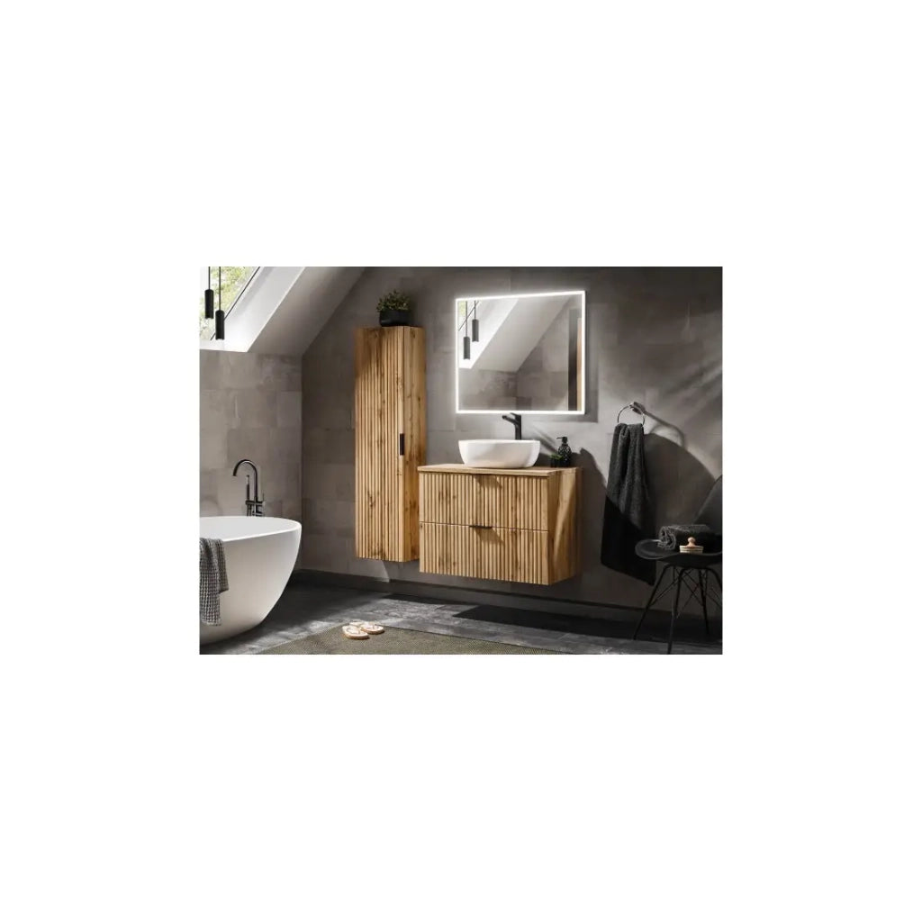 Set bagno NOXERA 80 cm - Rovere Wotan - Mobile sottolavabo con lavabo, specchio LED e colonna sospesa