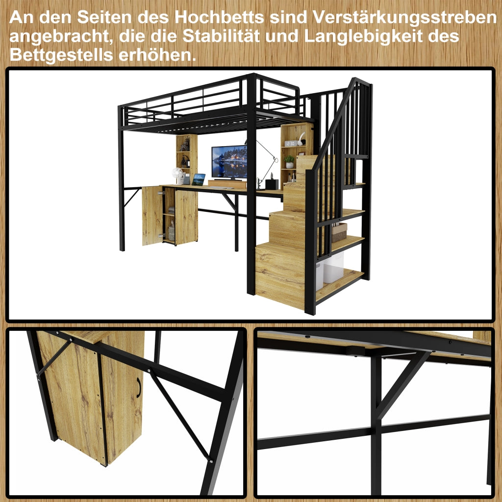 Letto a soppalco 90 × 200 cm con scrivania, armadio, ripiani, scale contenitore et USB, senza materasso, nero