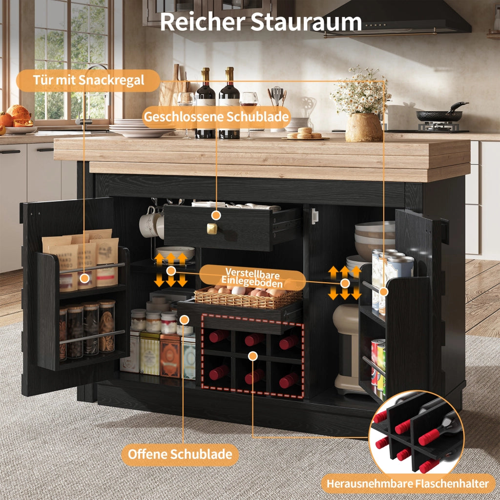 Mobile contenitore girevole 360° con tavolo estensibile, porta vini e cassetti in MDF nero 120 × 197 × 40 × 74,2 cm