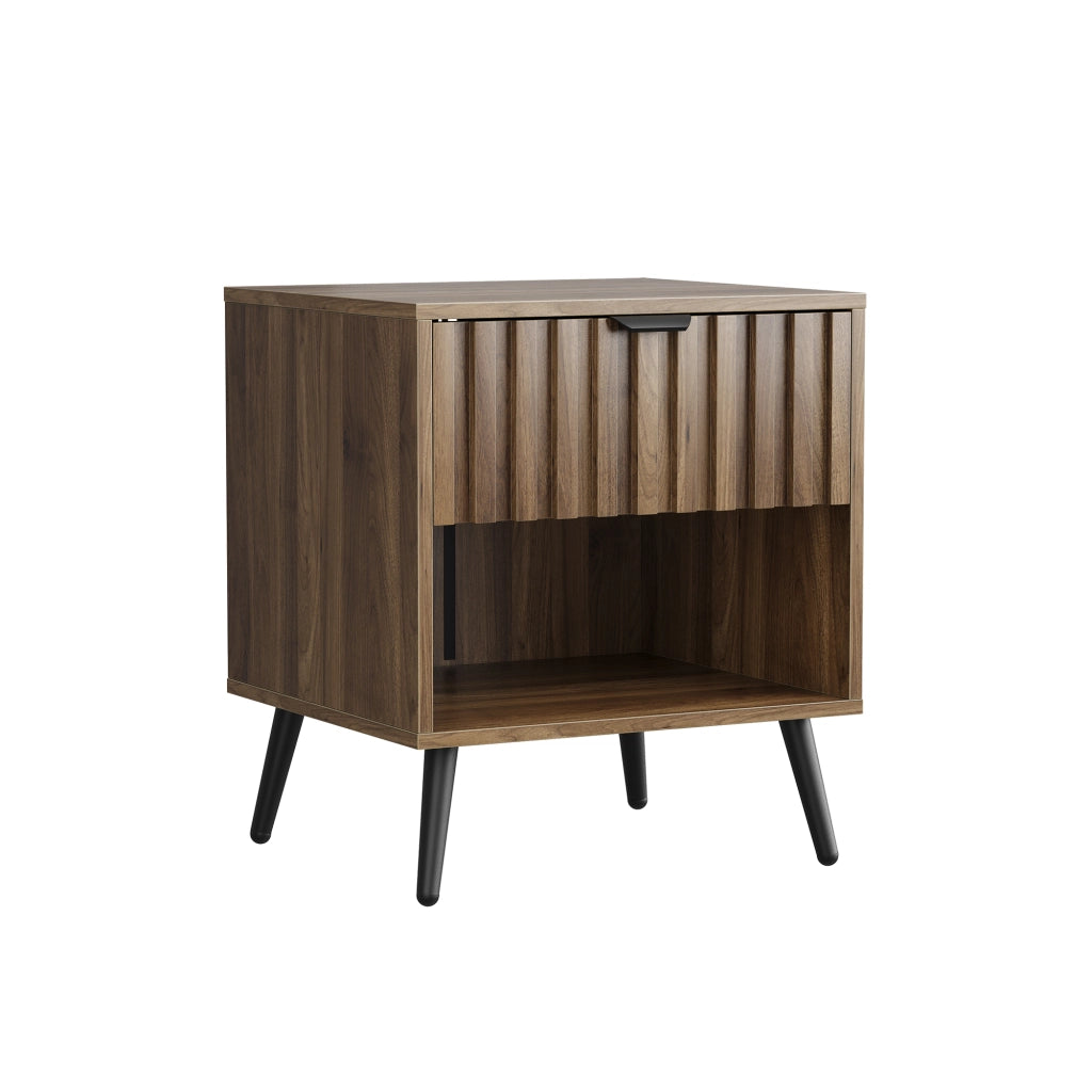 Comodino moderno in MDF con cassetto e vano aperto, colore noce, 45 x 40 x 53 cm