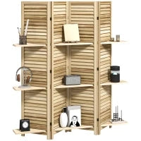 Paravento interno in legno a 4 pannelli, pieghevole con 3 ripiani, 160 x 170 cm, Legno naturale