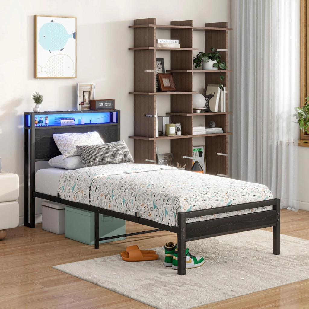 LETTO 90x200 cm con contenitore, metallo e MDF, nero, USB e LED
