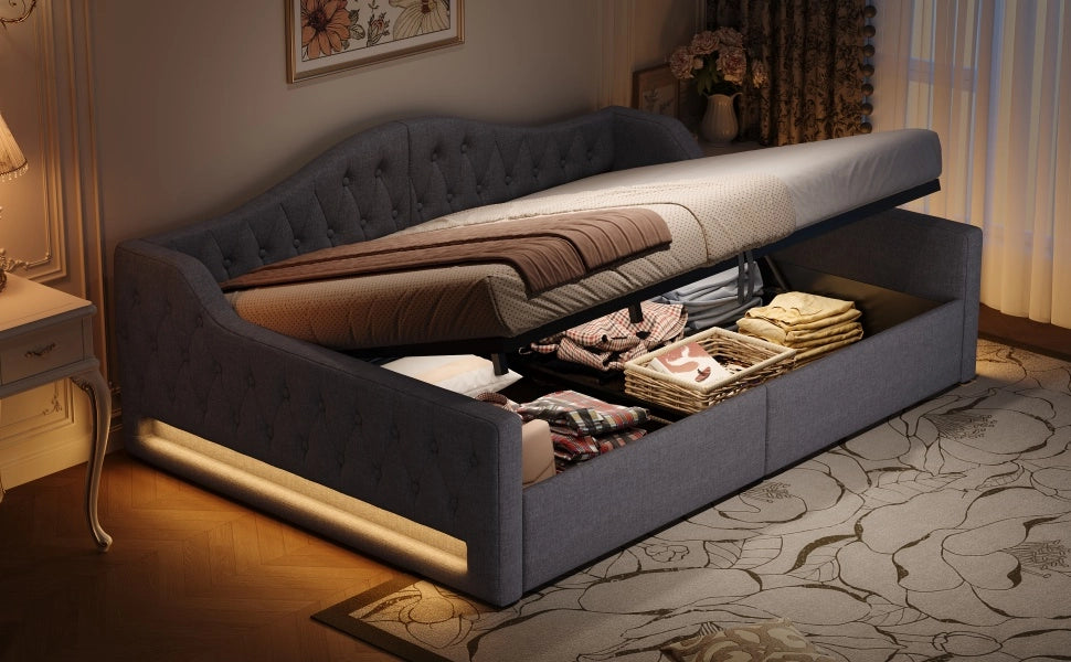 Daybed imbottito con LED e contenitore, 140x200 cm, grigio