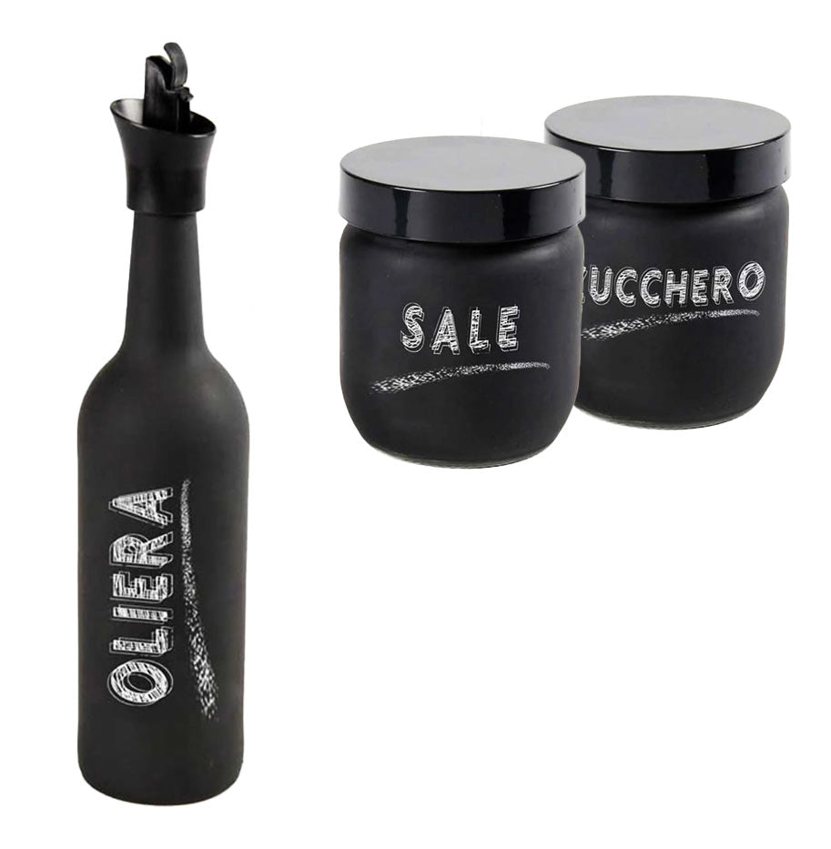 SET DA TAVOLA CON OLIERA, BARATTOLO DI SALE E ZUCCHERO IN VETRO SATINATO NERO