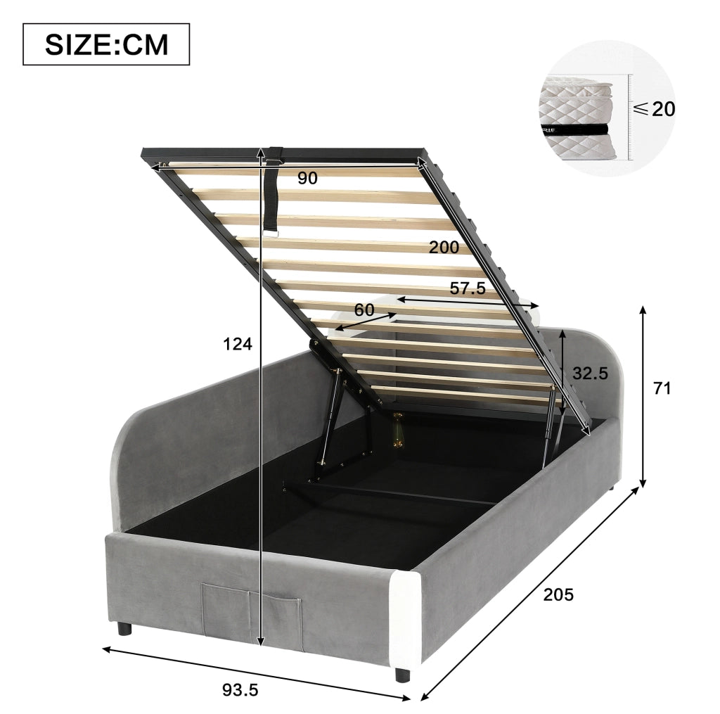 Letto imbottito per bambini con contenitore idraulico; velluto; 90x200 cm