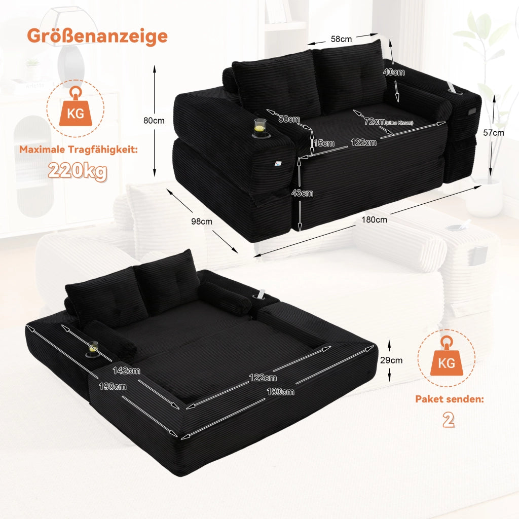 Divano convertibile 2 posti in corduroy con cuscini memory, tasche laterali e portabicchieri nero