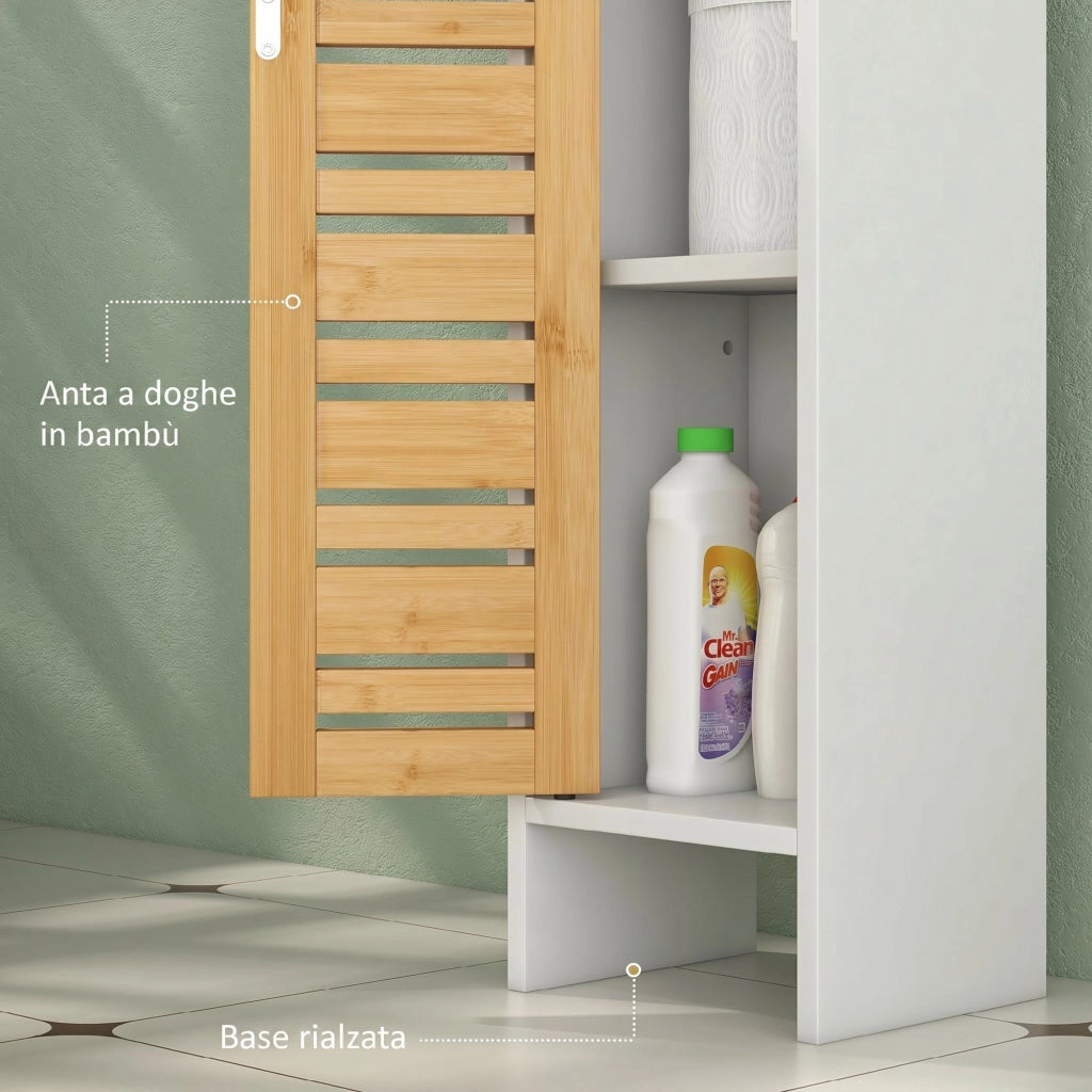Mobile da Bagno 21x17x78 cm con Porta Rotolo di Carta Igienica e Armadietto in Bambù e MDF Bianco