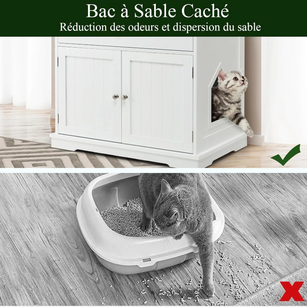 Mobile Lettiera per Gatti con 2 Ante e Cassetto, Armadio per Gatto in Legno con Ingresso Laterale, Grotta Rifugio Multiuso per Soggiorno, Camera da Letto e Ingresso, 76 x 53 x 74 cm (Bianco)