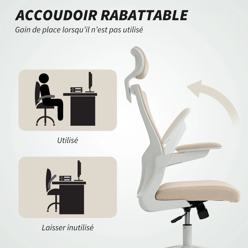Sedia da ufficio ergonomica ¨C zephmum ¨C beige, braccioli reclinabili, supporto lombare, 60x63x120cm