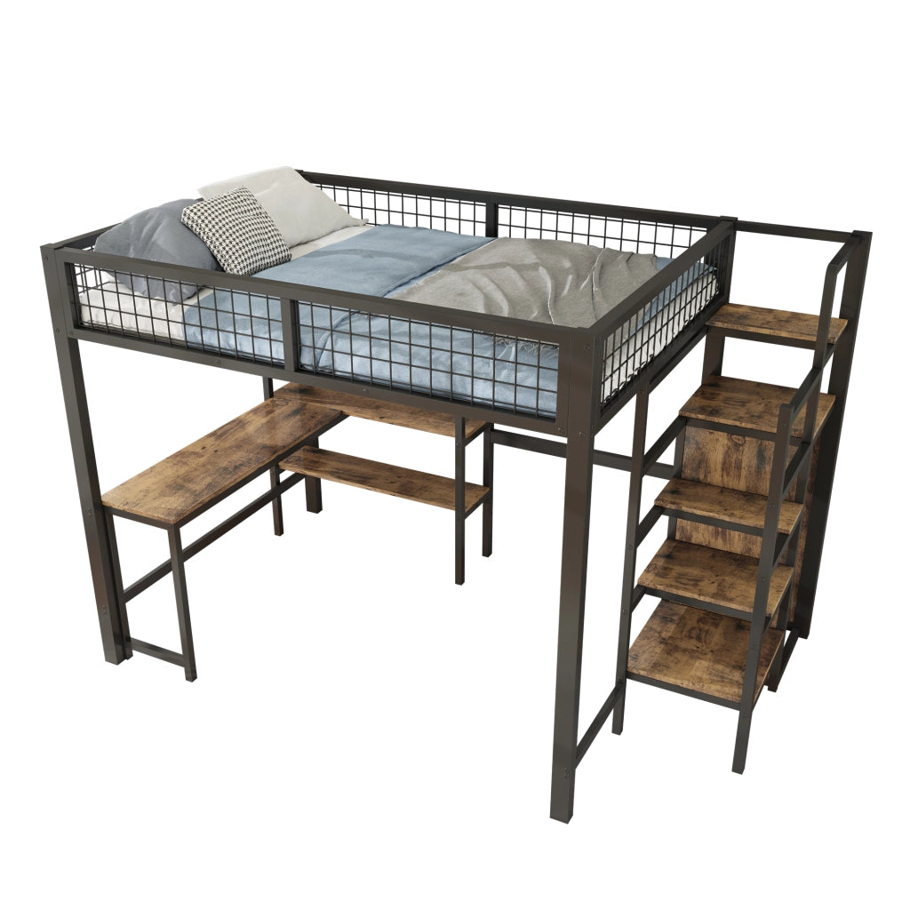 Letto a castello nero marrone con scrivania e armadio in metallo e MDF 140x200 cm