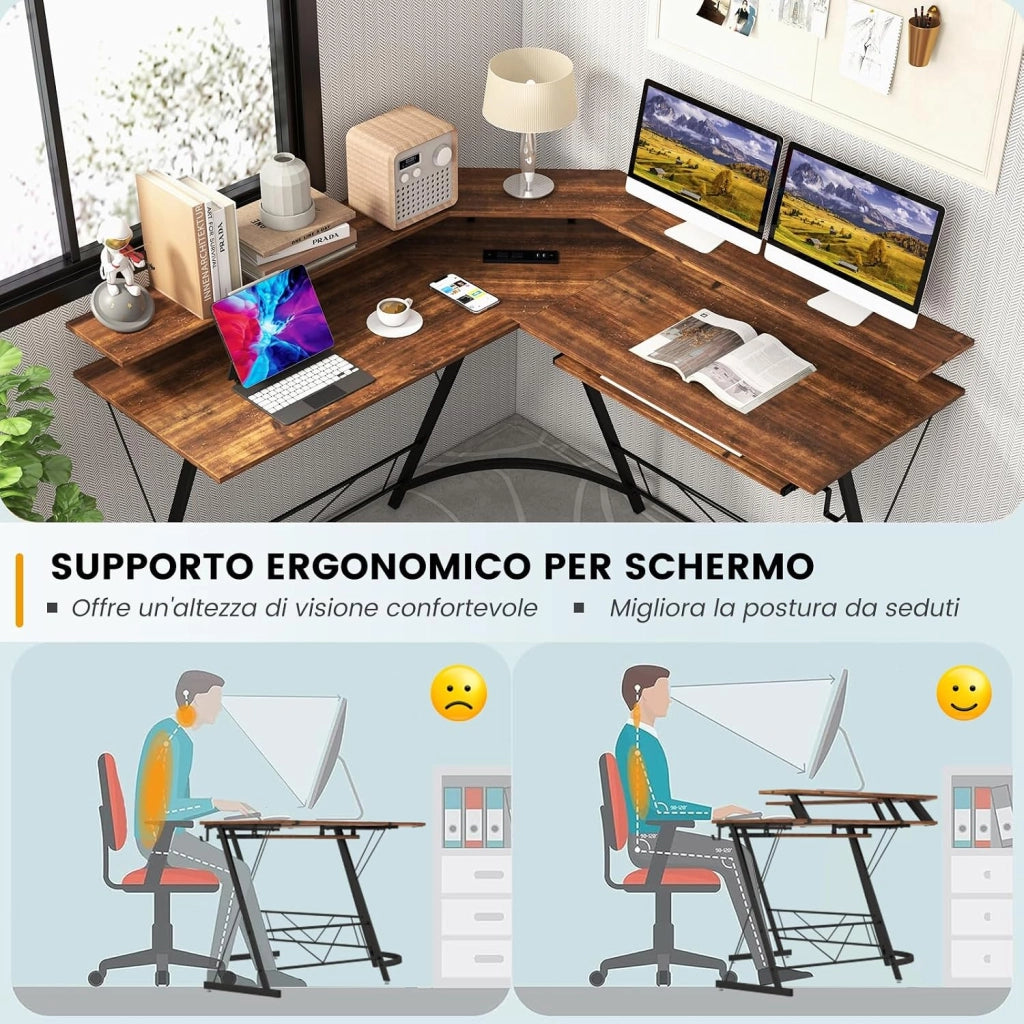Scrivania Angolare, Scrivania ad Angolo con Presa Elettrica, Supporto per Monitor, Vassoio per Tastiera e Gancio per Cuffie, Scrivania Salvaspazio per Ufficio e Casa (Marrone)