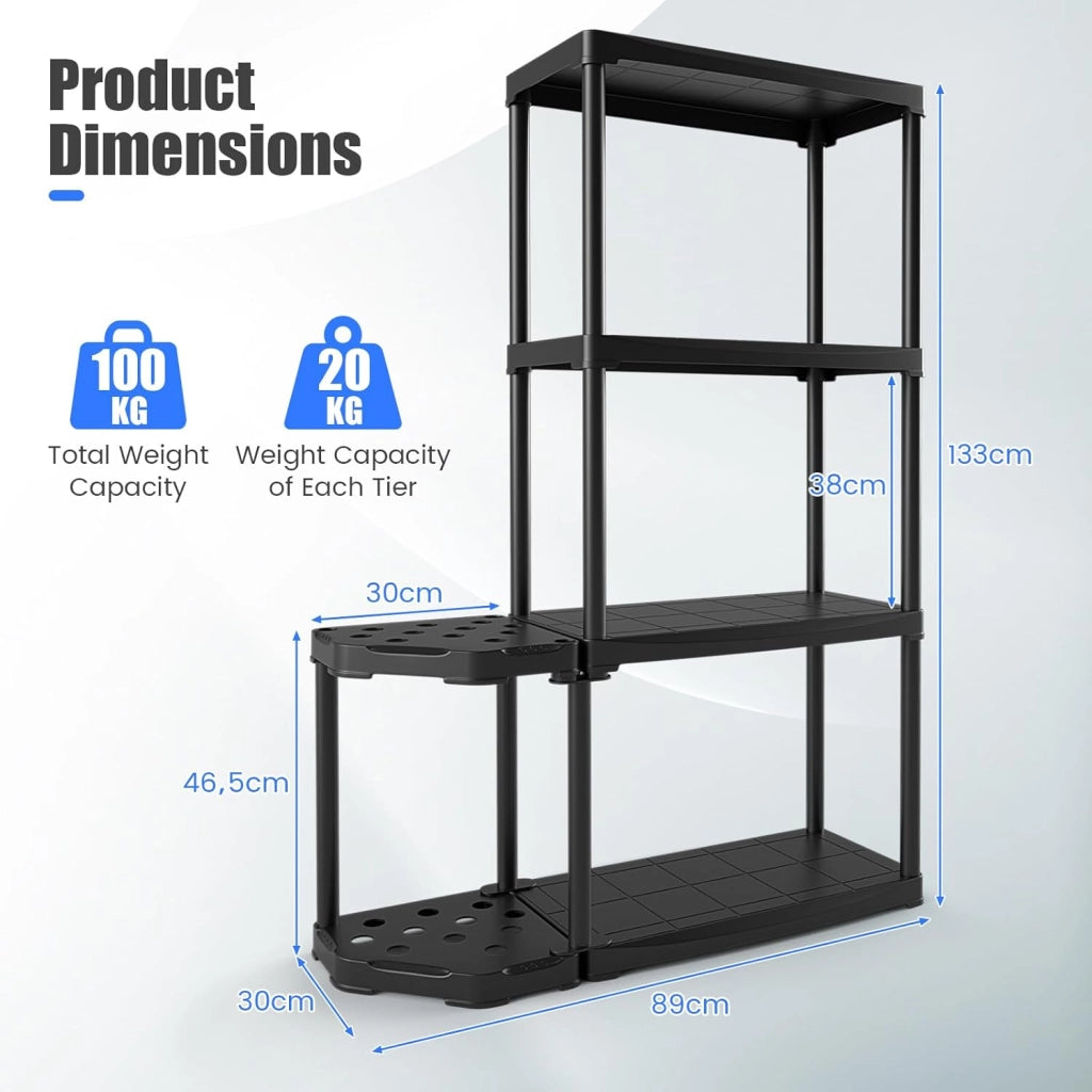 Scaffale a 4 livelli, con organizer per utensili, portaoggetti aperto, supporto con 12 fori, per utensili a manico lungo, nero