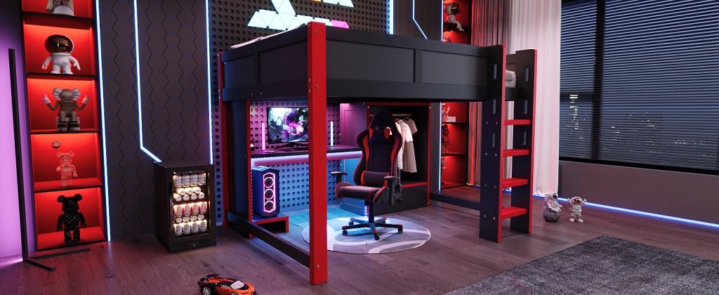 Hochbett 140x200 cm in pino, con scrivania gaming, armadio, scaffali e illuminazione LED, nero e rosso