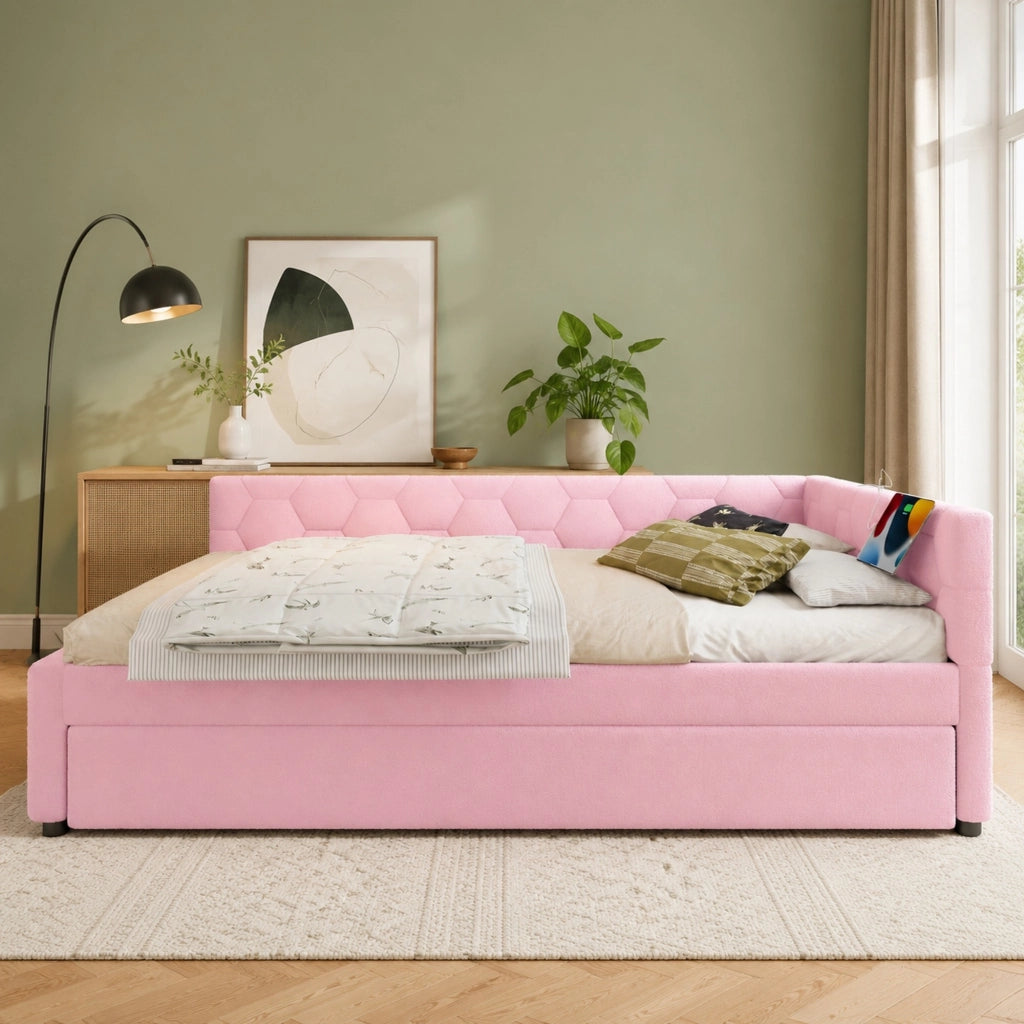 Daybed 140x200 cm con letto estraibile, USB e luce notte, senza materasso, rosa
