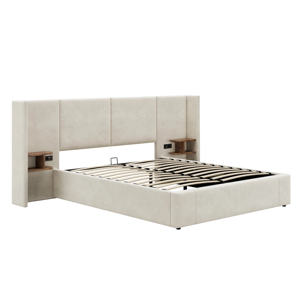 Letto matrimoniale 160x200 cm in velluto beige con contenitore idraulico; 2 comodini e USB