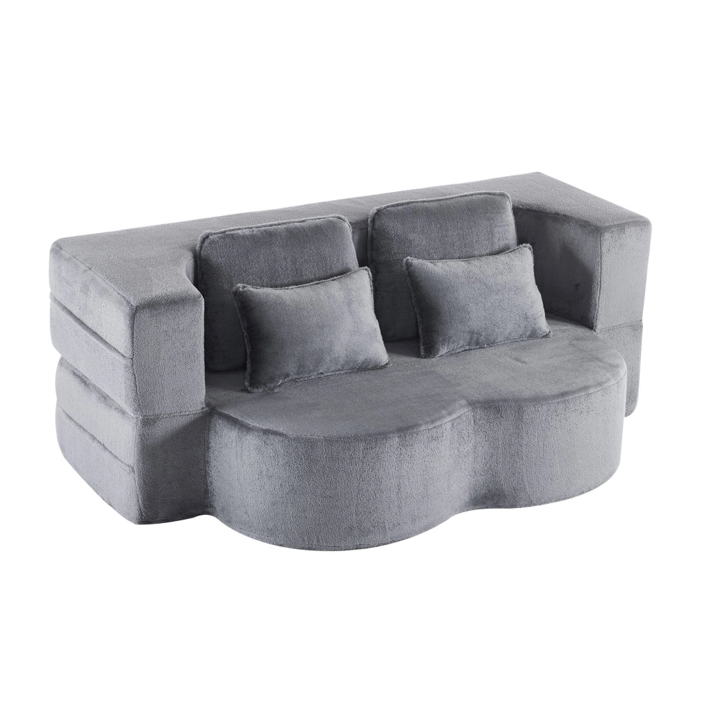 Divano letto futon pieghevole con 4 cuscini; schiuma ad alta densitÃ ; tessuto soffice blu grigio