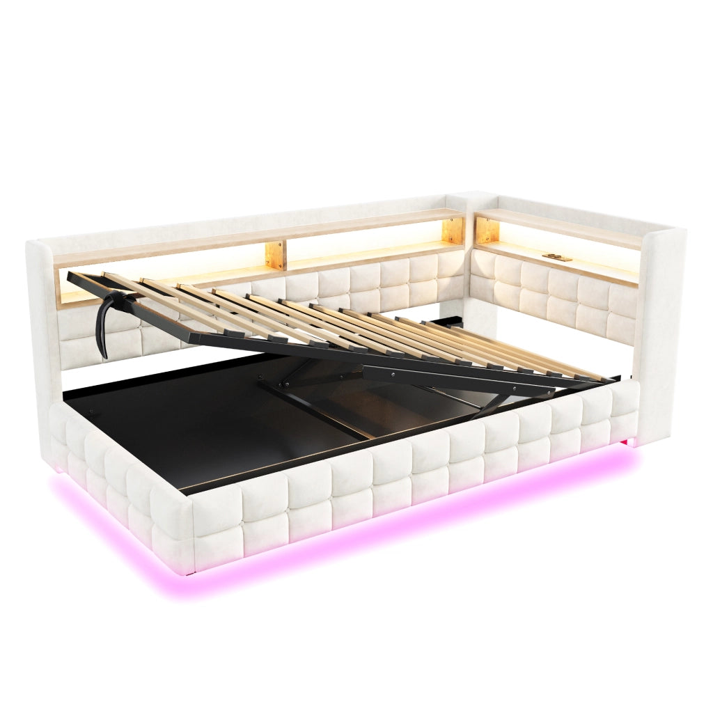 Letto a Divanetto 90x200 cm; Contenitore; USB; Type-C; LED e Mensole in Velluto Beige