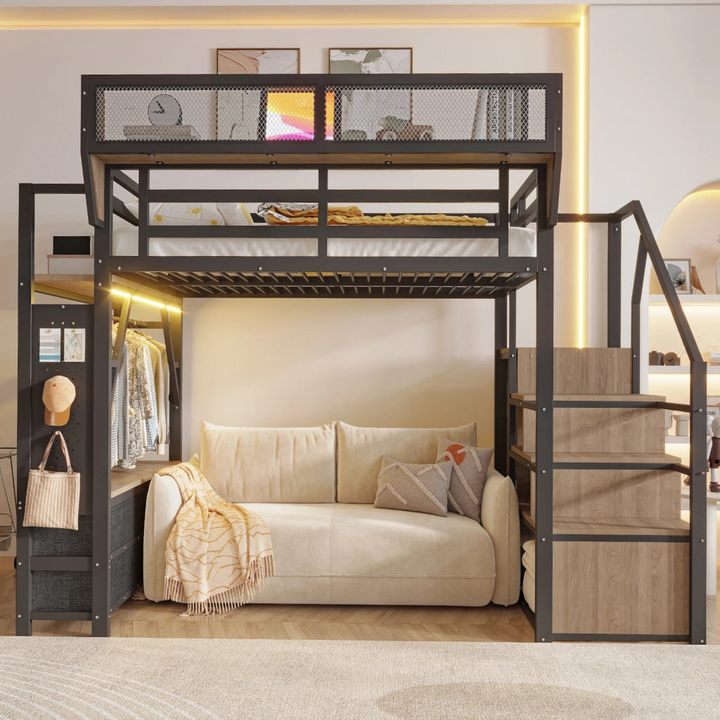 Letto a soppalco in metallo 140 x 200 cm con LED, scala laterale e ampio spazio contenitivo, nero