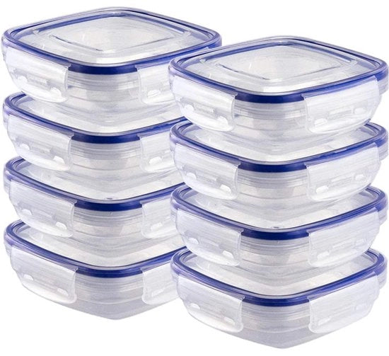 Set di contenitori per cibo in plastica Grizzly, 8 contenitori di conservazione con coperchio, piano, quadrato, stivabili, resistente a microonde e lavastoviglie