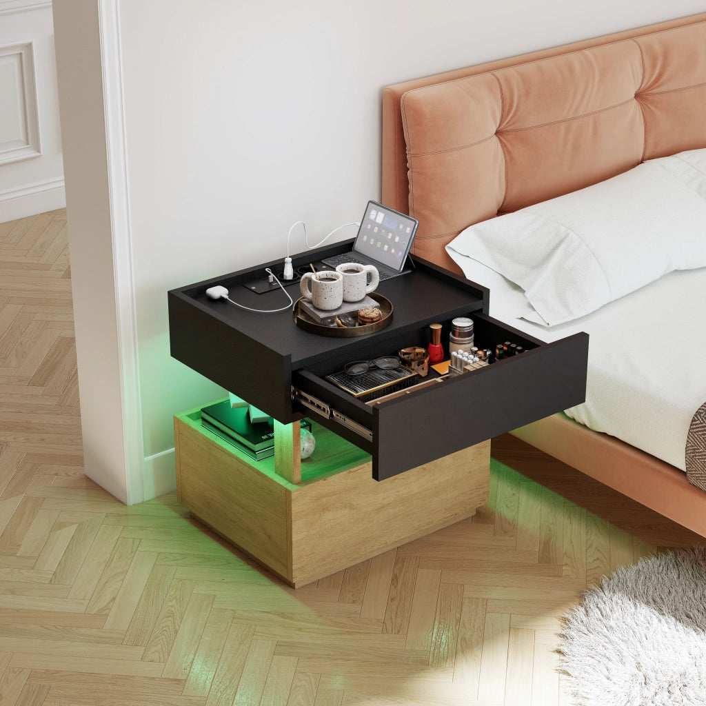 TAVOLINO NOTTURNO con ricarica wireless e USB 50x40x50 cm Nero/Naturale