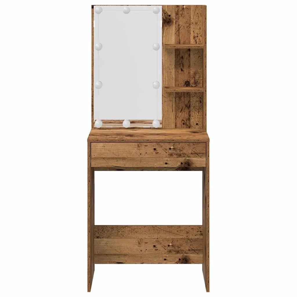 Set Tavolo da Toeletta | Tavolo da Trucco con LED Legno Antico Legno Multistrato