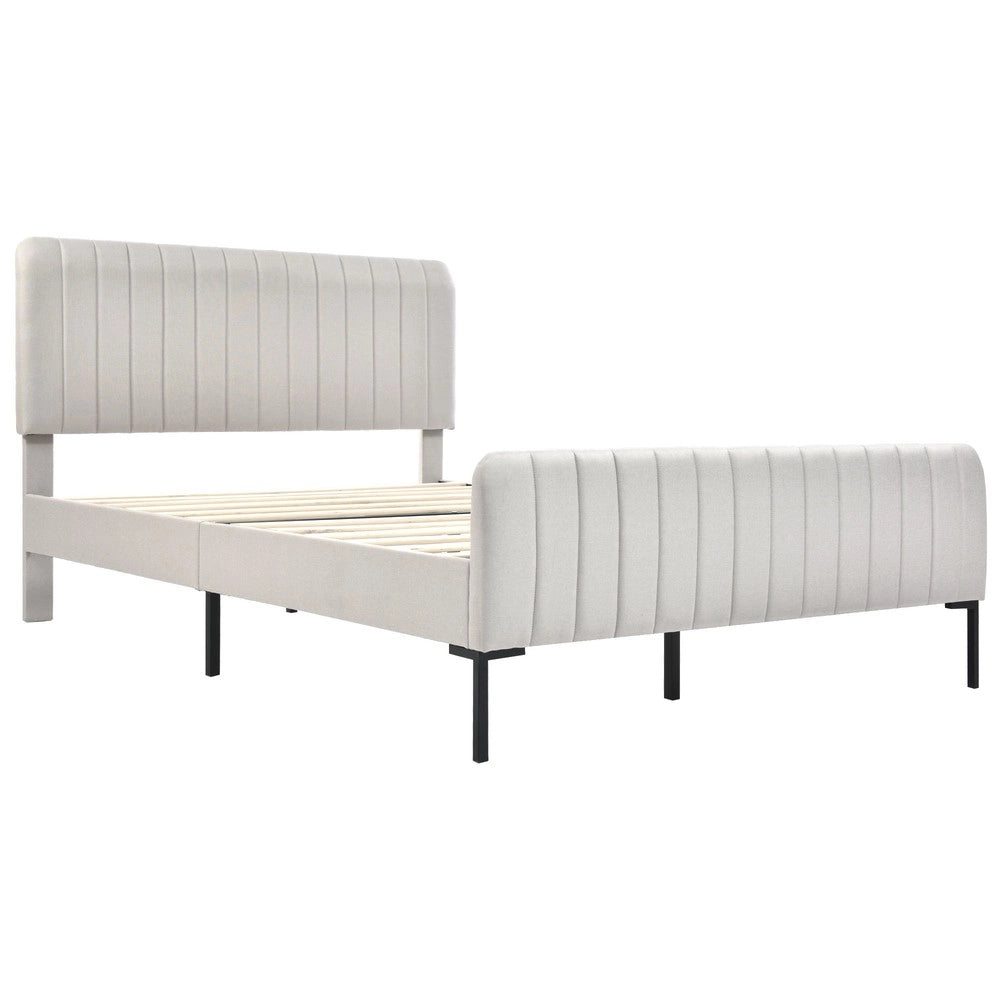 Letto Matrimoniale Imbottito ¨C MINIMAL ¨C Grigio Beige, Tessuto Lino, Testiera, Rete a Doghe, 180x200