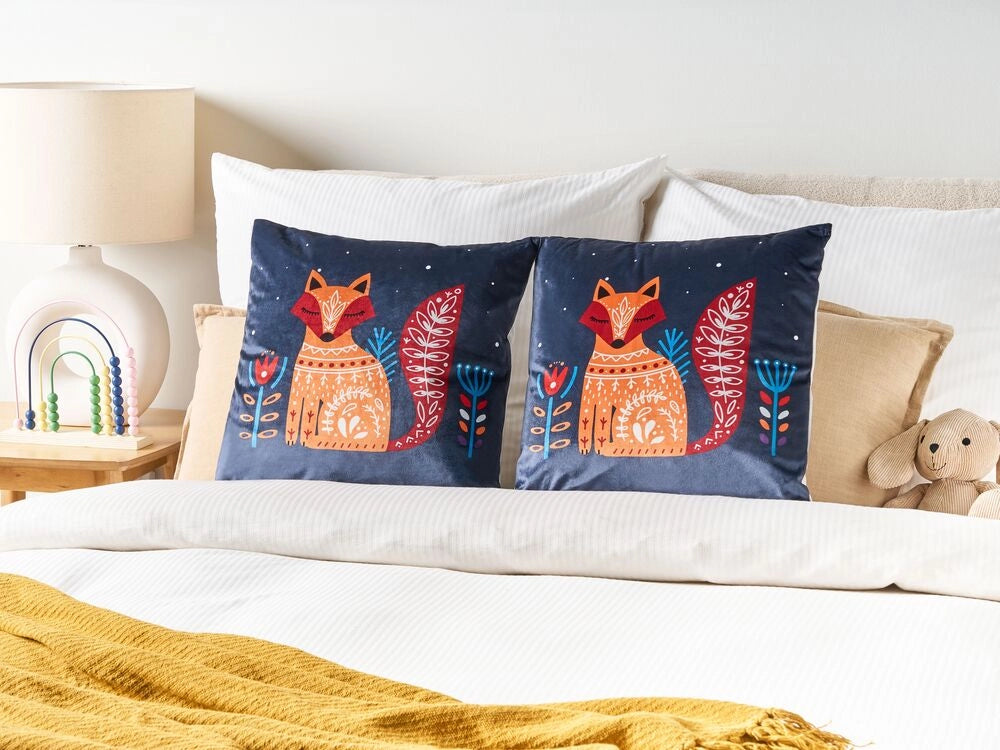 Set di 2 cuscini decorativi in velluto blu scuro 45 x 45 cm per bambini Stampa motivo volpe moderna per bambini Accessori d'arredo
