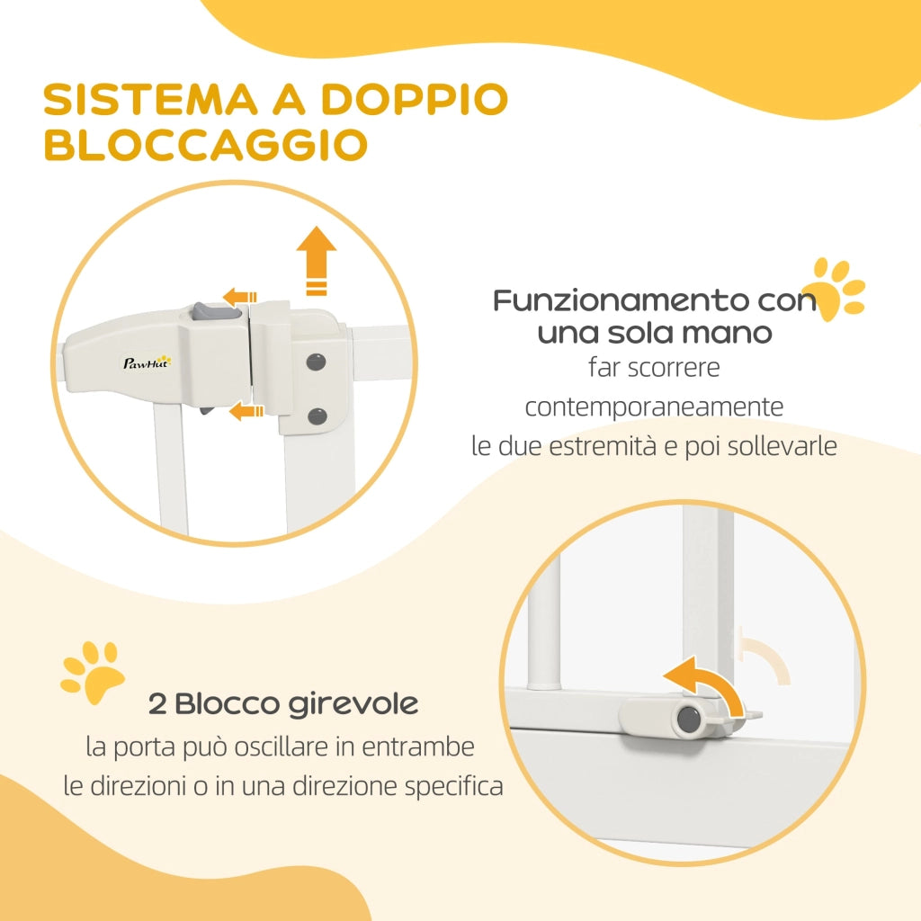 Cancelletto per Cani Estensibile 74-87x78 cm con 2 Blocchi e Chiusura Automatica in Metallo e Plastica Bianco