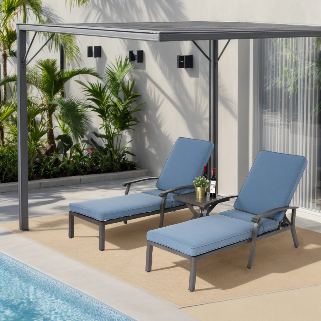 Chaise longue da esterno con cuscino e schienale regolabile per giardino e piscina in alluminio blu