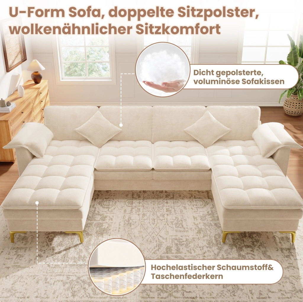 Divano angolare modulare a U 4-5 posti in chenille beige