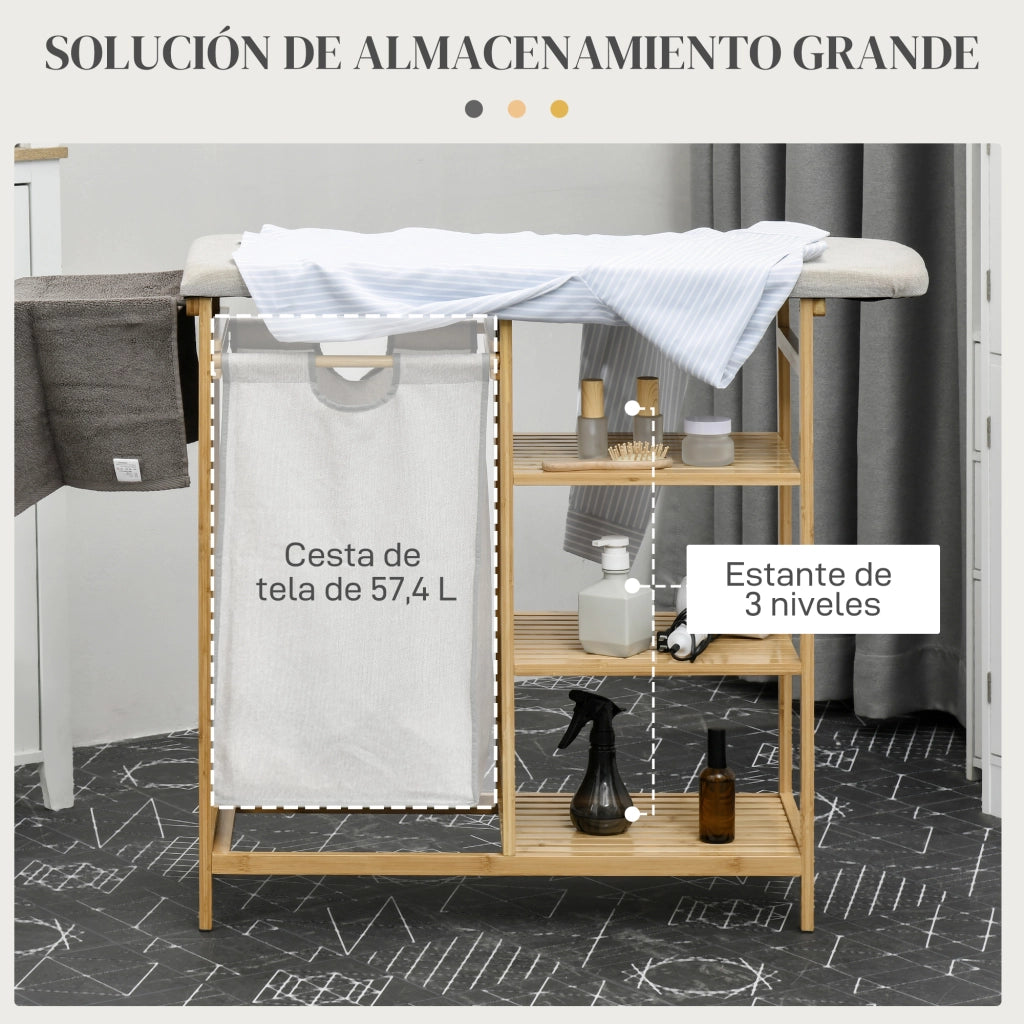 Cesto Ropa Sucia con Tavolo da Stiro e Scaffali ¨C Zephmum ¨C 113x34x82 cm Naturale