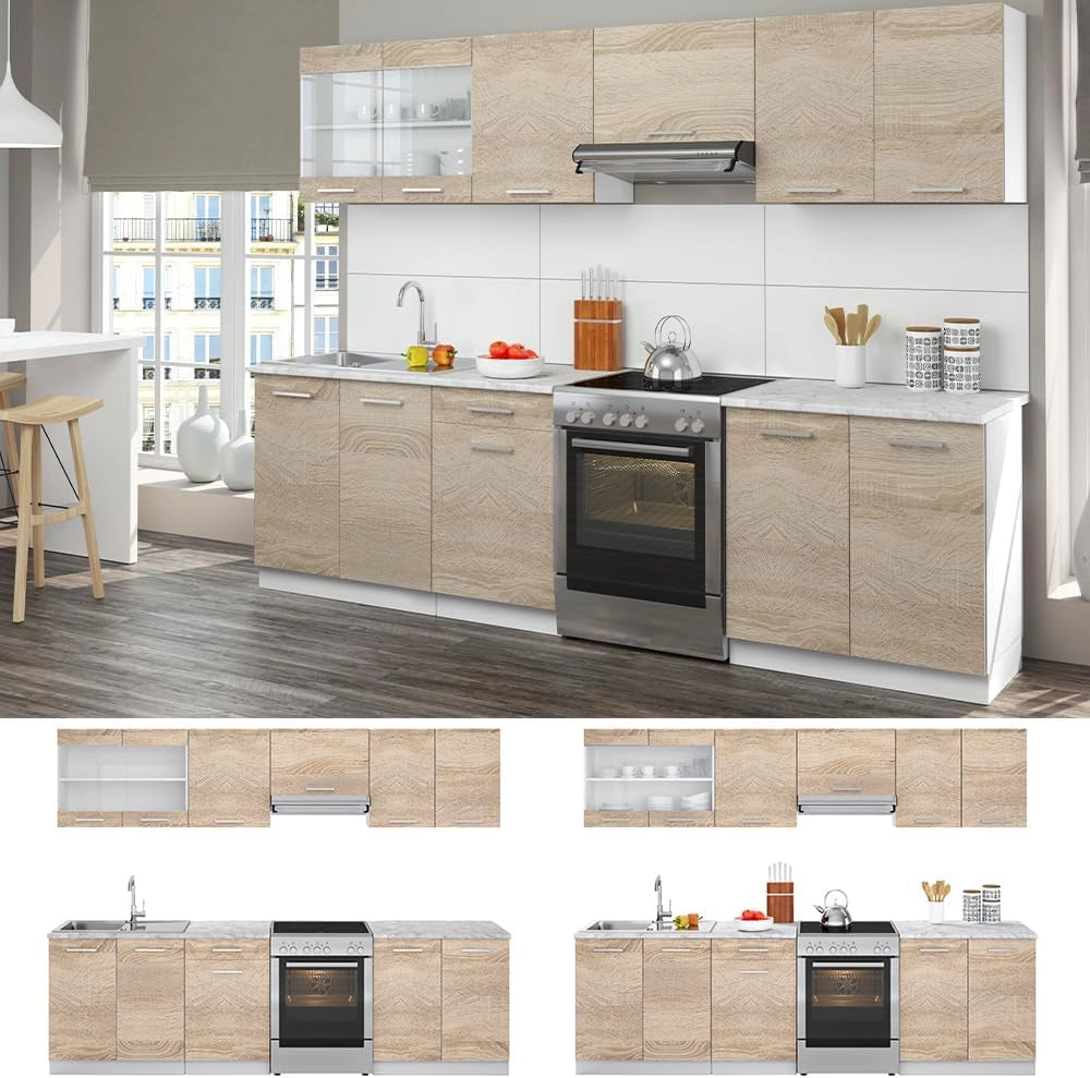 Mobile da cucina Raul, Sonoma, 270 cm, PL Marmo con striscia LED, con moduli regolabili e piedini ad altezza variabile