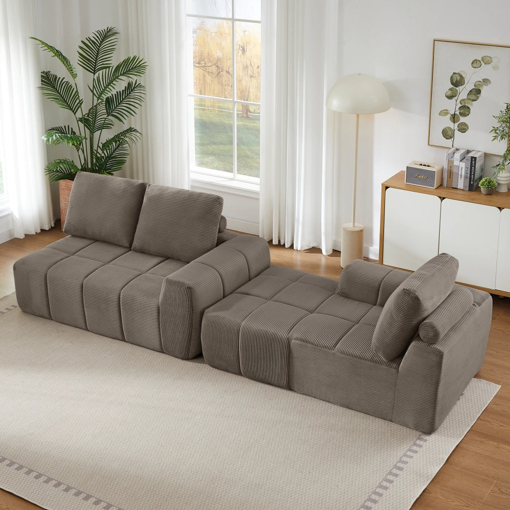 Divano angolare modulare - con design trapuntato - in velluto a coste - taupe