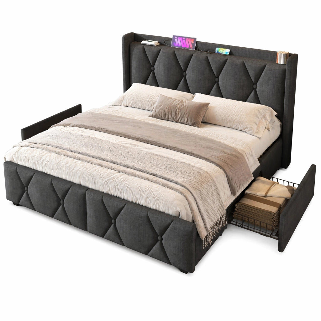 Letto matrimoniale 140x200 cm imbottito con ricarica USB, 4 cassetti, rete in legno e materasso, grigio